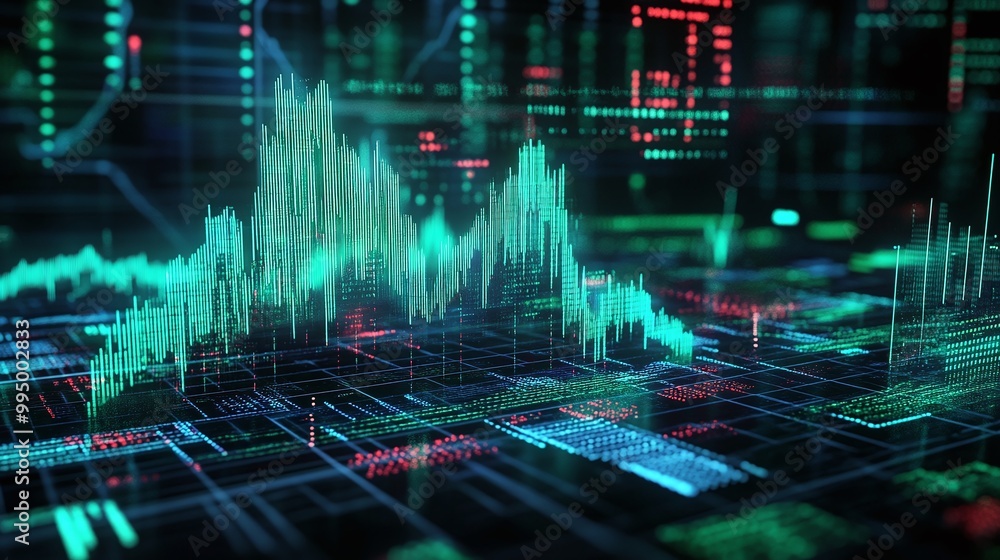 Poster abstract digital data visualization with vibrant green and blue graphics representing statistical da