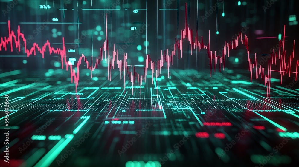 Poster abstract digital data visualization with vibrant green and red colors, representing fluctuations and