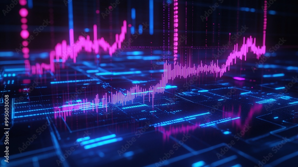 Poster abstract digital data visualization with vibrant lines and charts representing financial data on a d