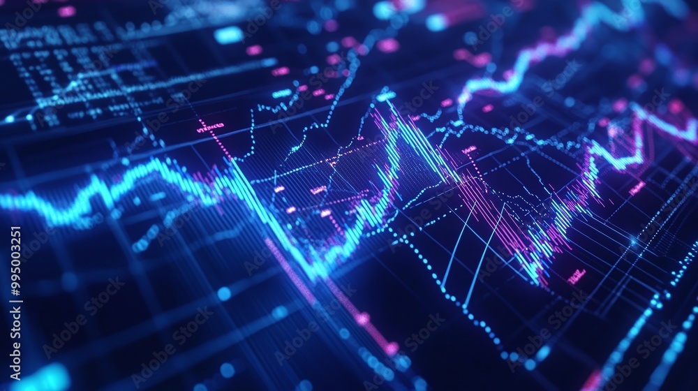 Poster abstract digital data visualization with vibrant lines and graphs on a dark background.