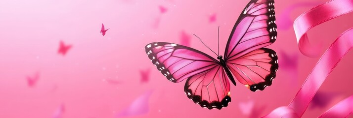 A delicate pink butterfly with a flowing ribbon symbolizes hope, transformation, beauty, freedom, and grace.