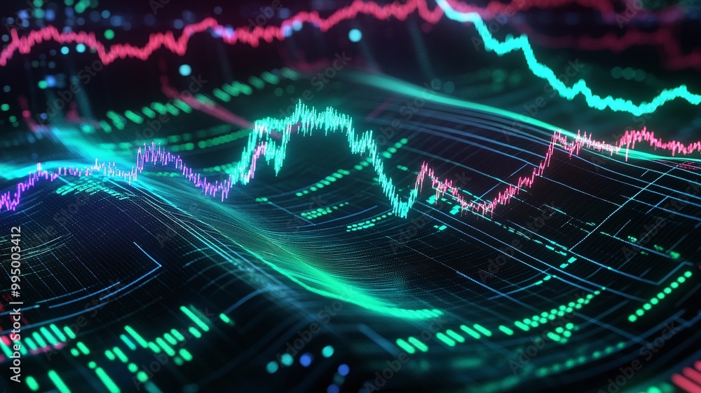 Poster abstract digital data visualization with vibrant lines displaying growth trends and statistical anal