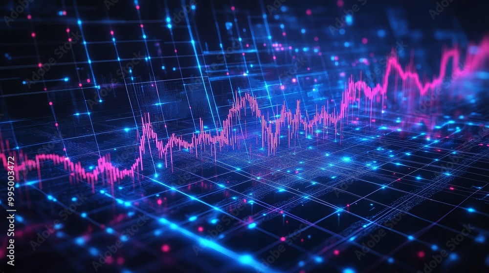 Poster abstract digital data visualization with vibrant neon colors and dynamic patterns reflecting technol
