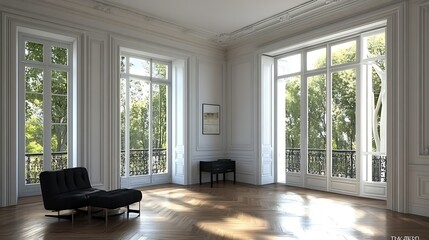 Obraz premium Elegant interior with large windows and natural light.