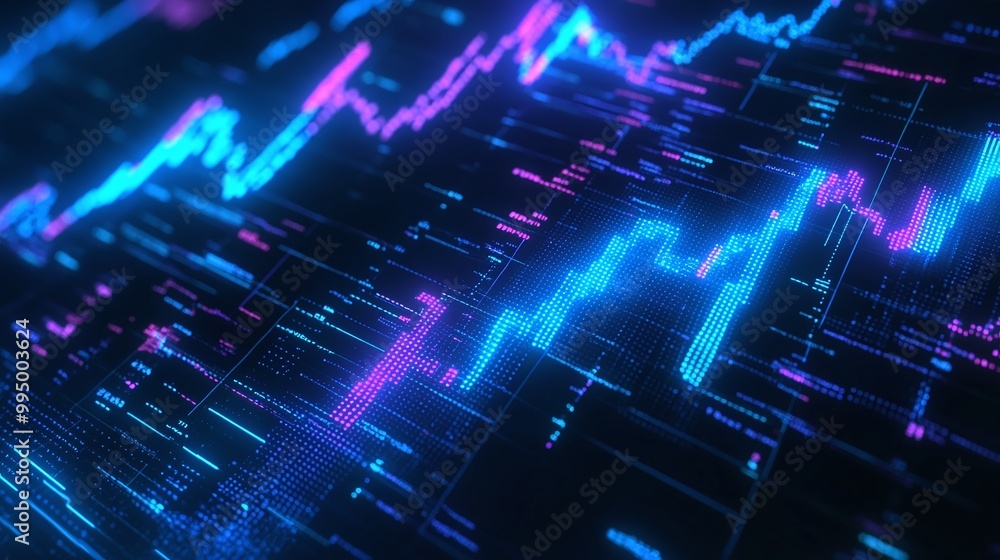 Poster abstract digital data visualization with vibrant neon colors representing data trends and analytics.