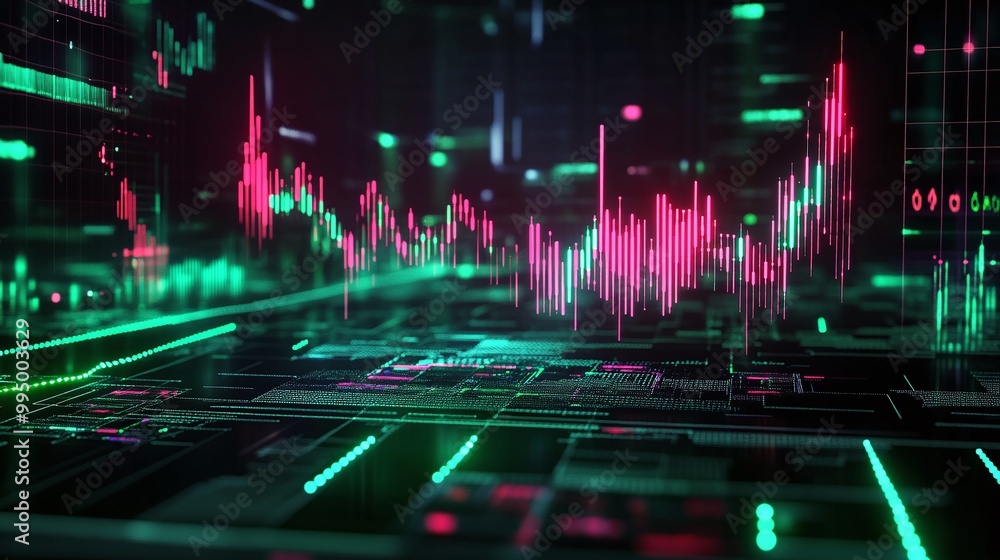 Poster abstract digital data visualization with vibrant neon colors, depicting graphs and metrics in a futu