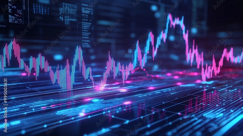 Poster abstract digital data visualization with vibrant neon trends and charts representing analytics and f