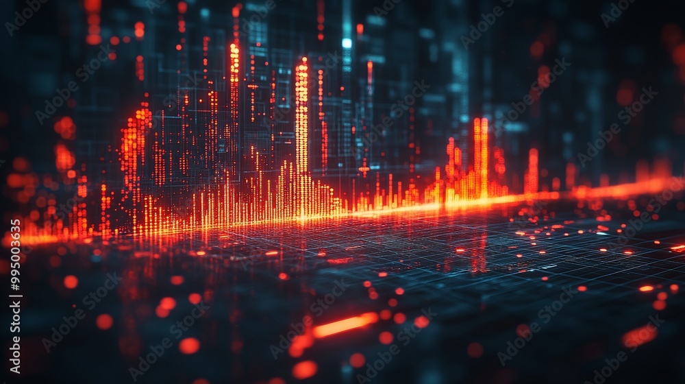 Aufkleber abstract digital data visualization with vibrant orange and blue wave patterns on a dark background.