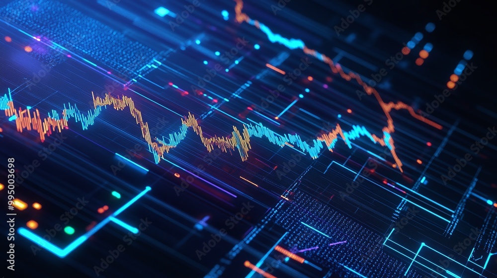 Poster abstract digital data visualization with vibrant patterns and fluctuating graphs on a dark backgroun