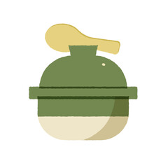 蓋にしゃもじが置かれた土鍋のイラスト。米を炊く用の小さな日本式土鍋