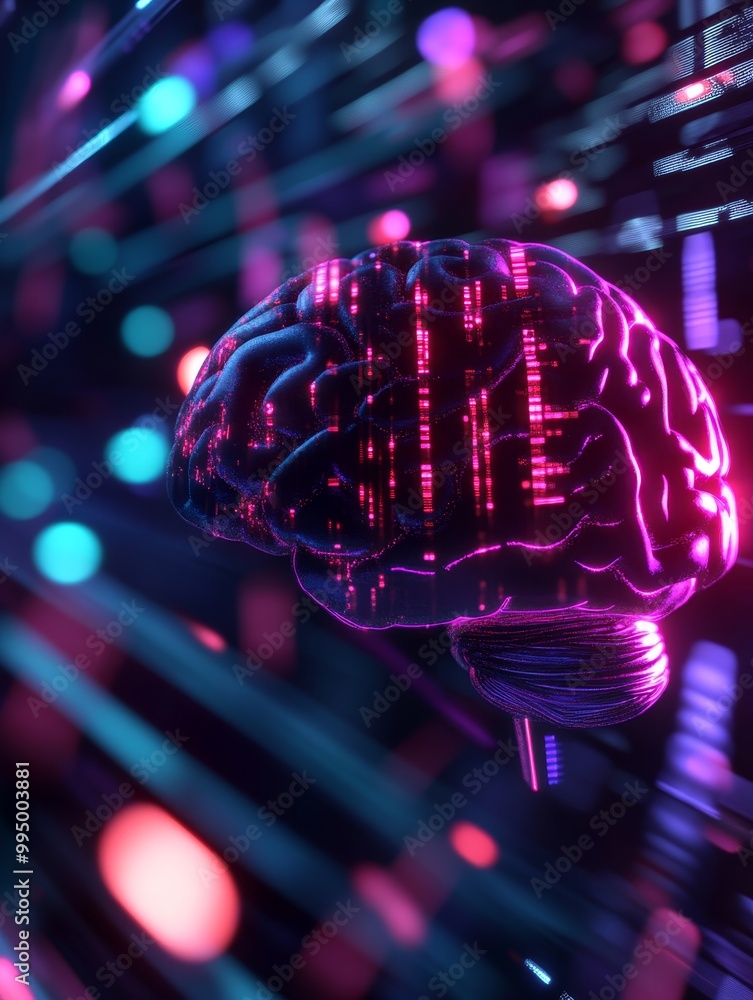 Aufkleber a digital brain representation glows with data streams, symbolizing information flow, interconnected