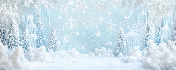 A serene winter wonderland with snow-covered trees and gently falling snowflakes under a bright, clear sky. Perfect for holiday themes.