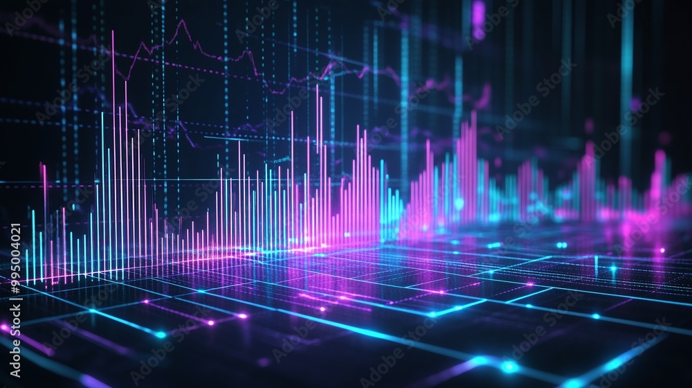 Poster abstract digital data visualization with vibrant pink and blue colors representing analytics on a da