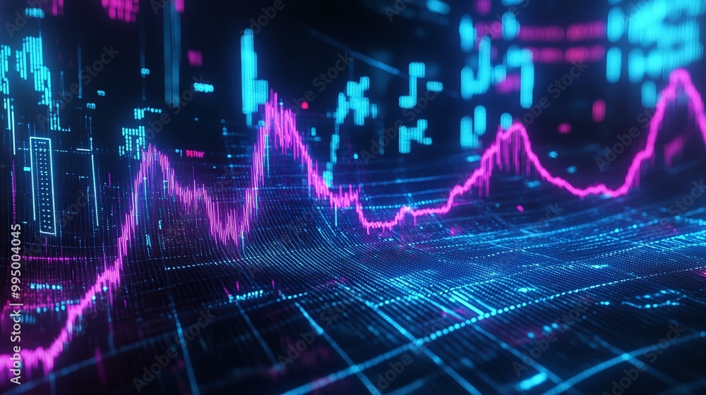 Poster abstract digital data visualization with vibrant pink and blue graphs on a dark background.