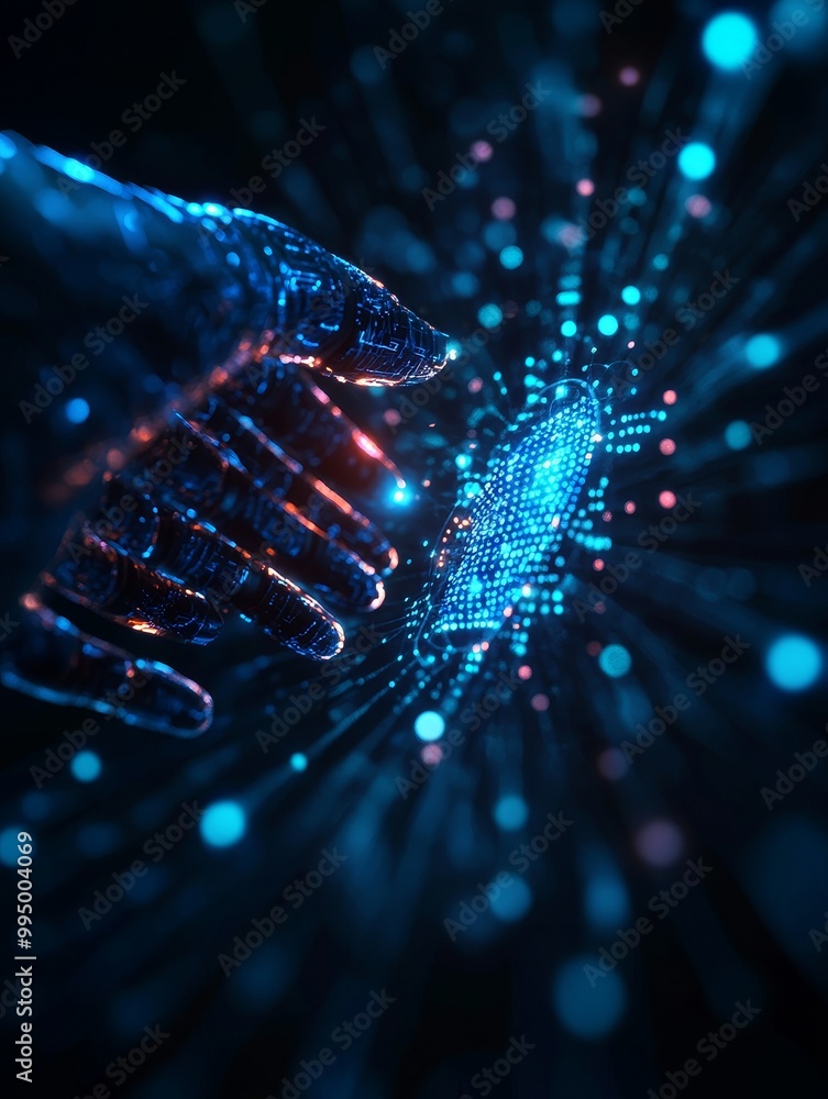 Poster a digital hand reaching towards a glowing network of data points, symbolizing collaboration, knowled