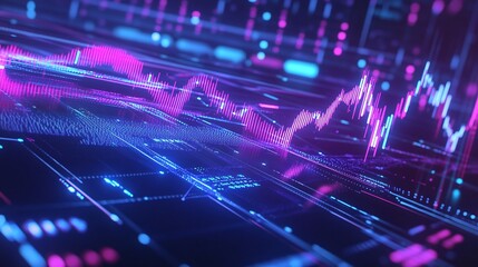 Abstract digital data visualization with vibrant pink and blue colors, showcasing growth and analysis trends.