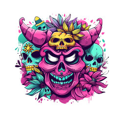 Naklejka premium A vibrant illustration of a pink devil skull with horns, surrounded by colorful flowers and skulls on a black background.