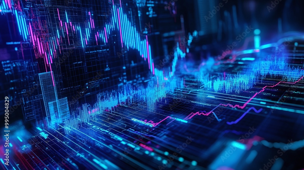 Poster abstract digital finance chart with vibrant data visualization elements on a dark background.