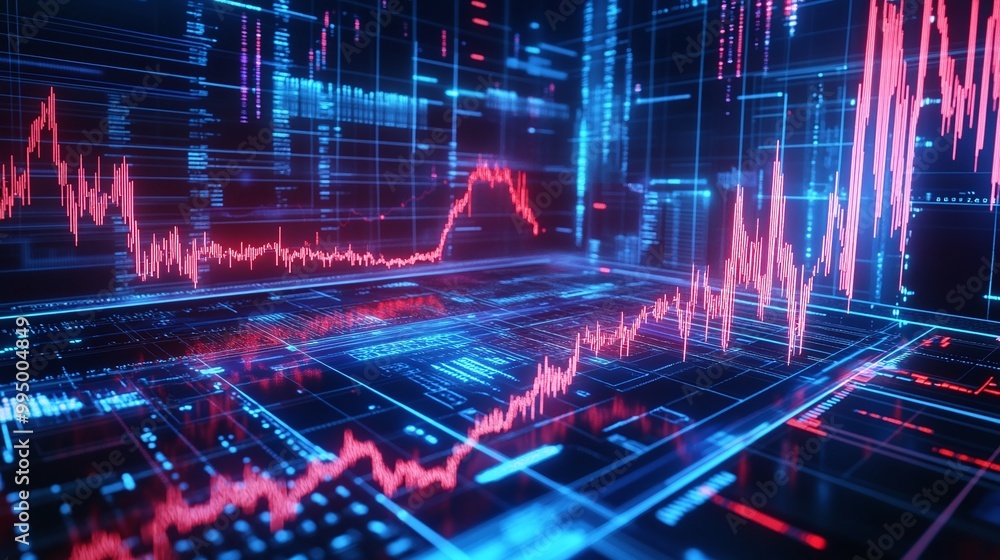 Poster abstract digital finance graph with fluctuating data in blue and red tones on a dark background.