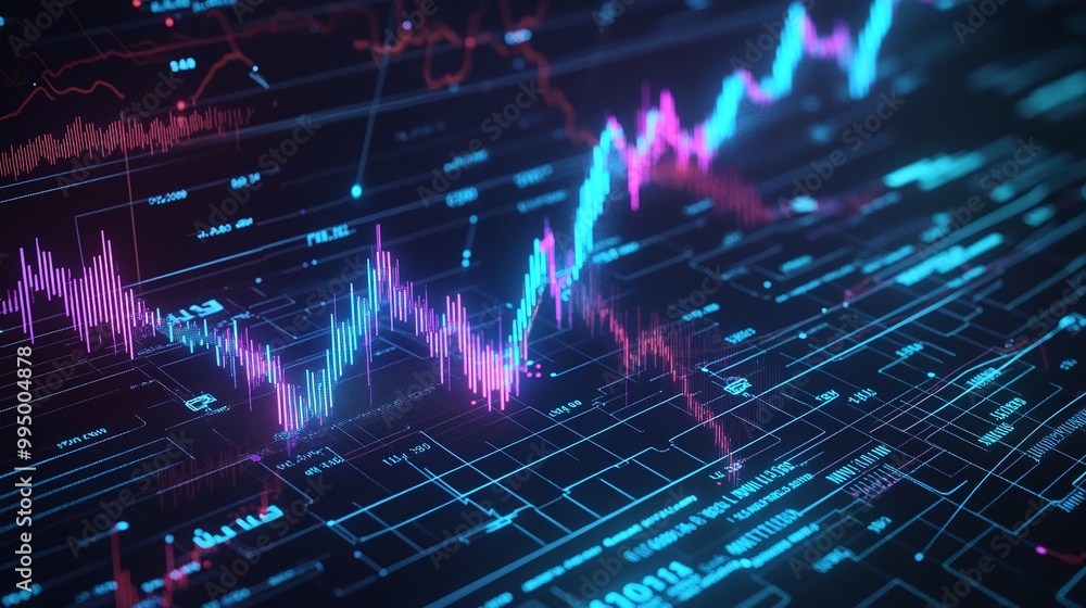 Poster Abstract digital finance graph with colorful data visualization, representing stock market trends and analysis.