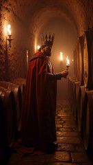 Naklejka premium A regal figure in a dimly lit cellar, holding a torch, evokes a sense of mystery and history. Perfect for fantasy book covers, theatrical promotions, or and wine marketing visuals
