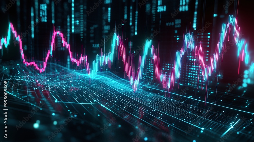 Poster abstract digital financial chart with fluctuating data, visualizing market trends and statistics.