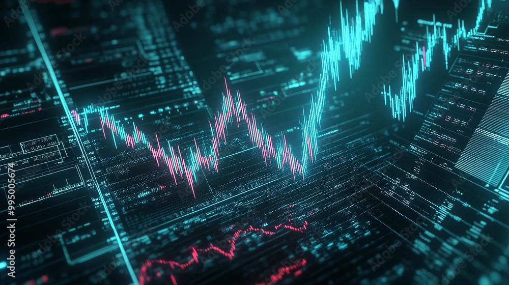 Poster abstract digital financial chart with fluctuating data points and vibrant colors representing market
