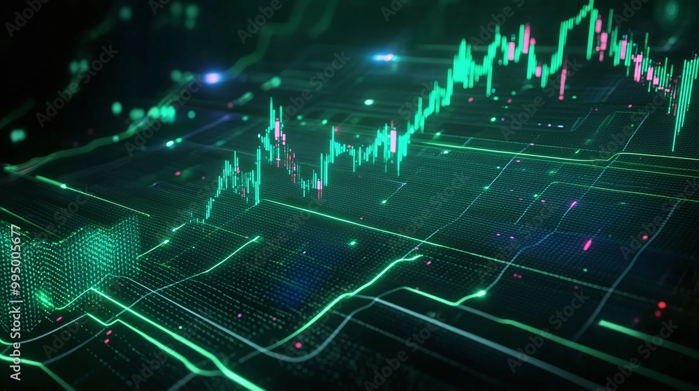 Poster abstract digital financial chart with glowing green lines and data points on a dark background.