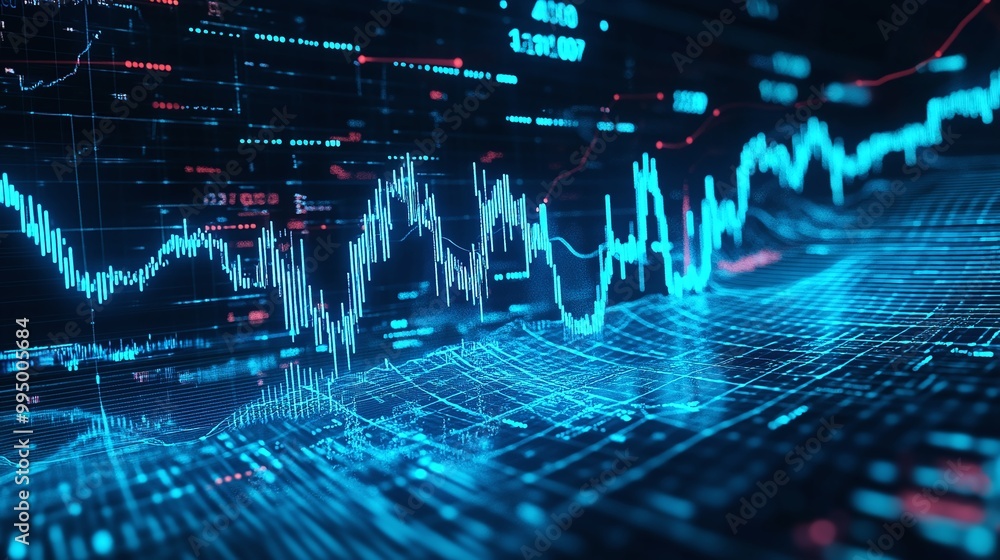 Poster abstract digital financial chart with glowing lines and data analytics on a dark background.