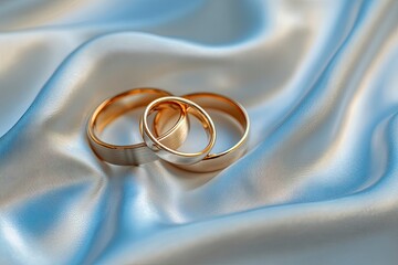 Two gold classic wedding rings lie on a chic satin fabric with soft pleats. wedding background. Layout for the designer and product advertising.generative ai