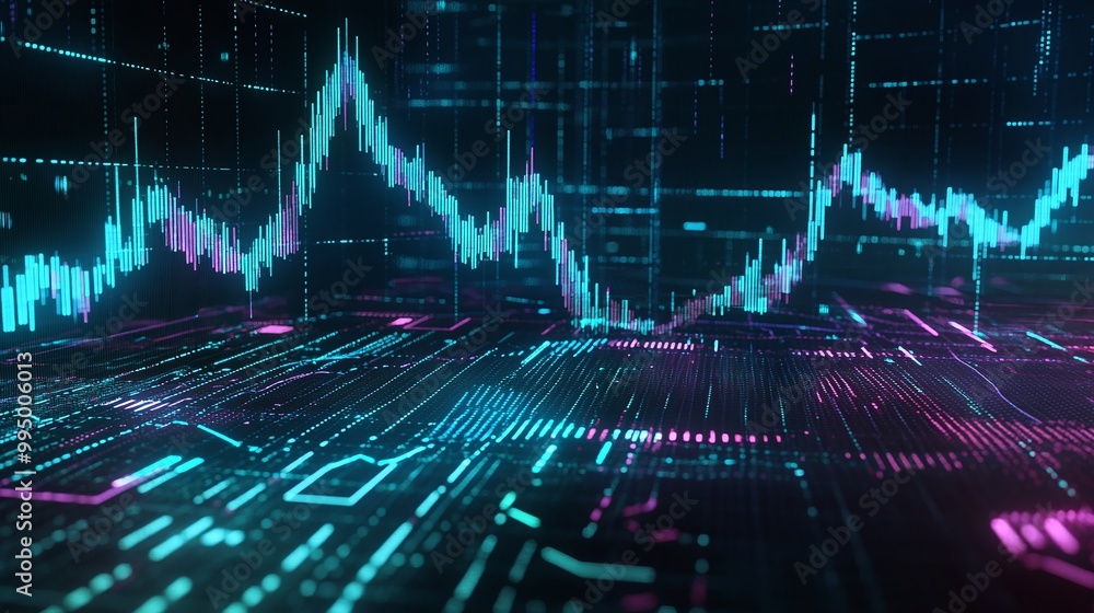 Poster abstract digital financial chart with glowing lines and data points on a dark background.