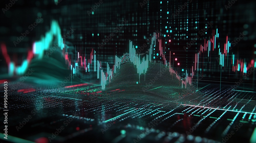 Poster abstract digital financial chart with glowing waves and data points, representing stock market trend