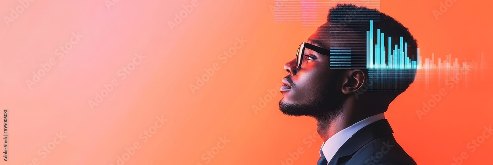 Poster a focused product manager with a vision for success, symbolized by data visualization and a clear pa