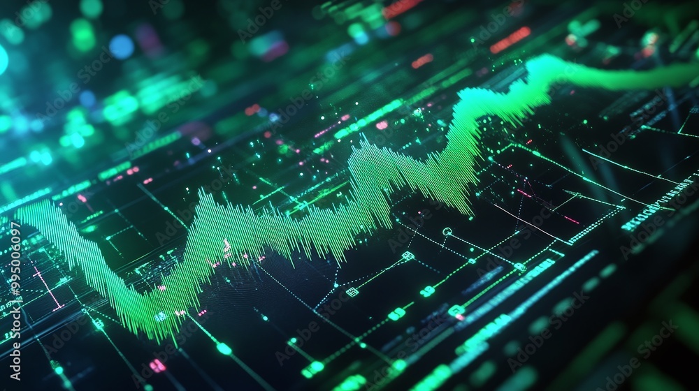 Poster abstract digital financial chart with green line on a dark background, representing market trends an