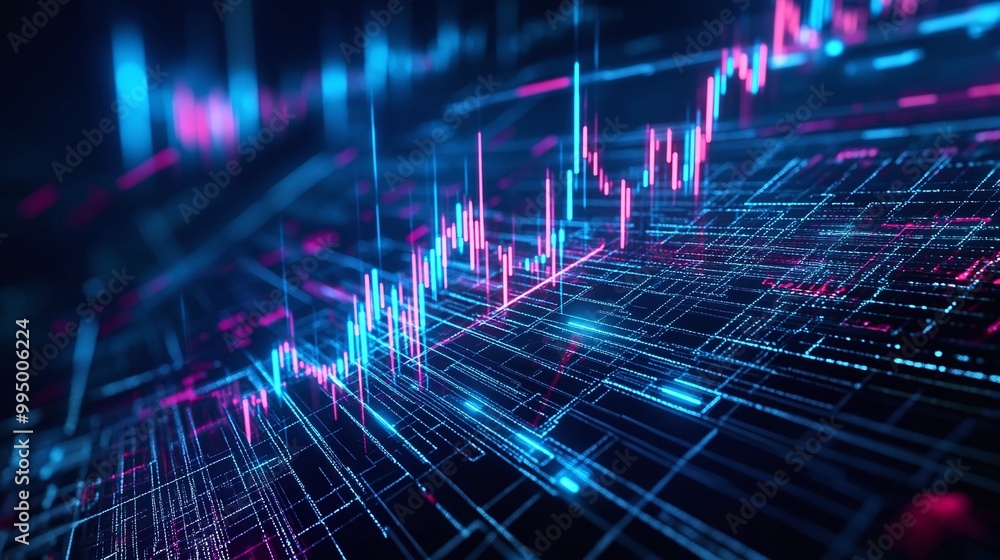 Poster abstract digital financial chart with vibrant colors and intersecting lines, showcasing market trend