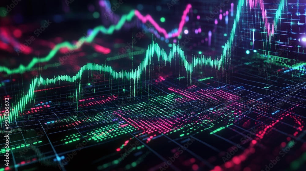 Poster abstract digital financial data analysis with colorful glowing charts and graphs displaying market t