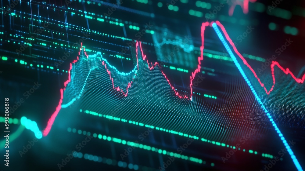 Poster Abstract digital financial data graph showcasing fluctuating trends and statistics.