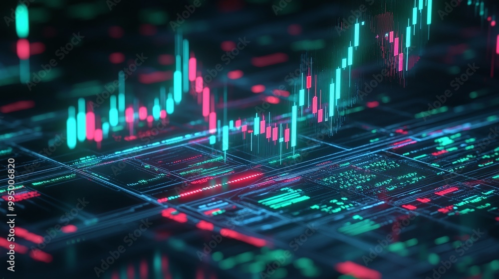 Poster abstract digital financial data representation with glowing graphs and charts on a dark background.