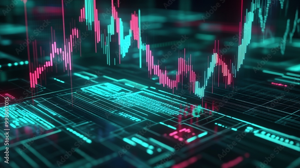 Poster abstract digital financial data visualization. graphical representation of trends with vibrant color