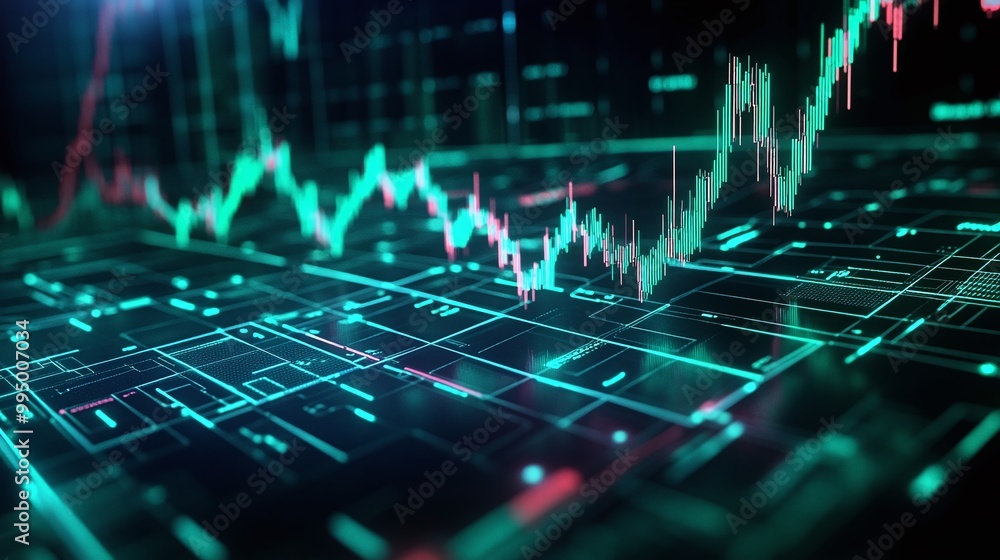 Poster abstract digital financial data visualization with bright neon lines and graphs on dark background.