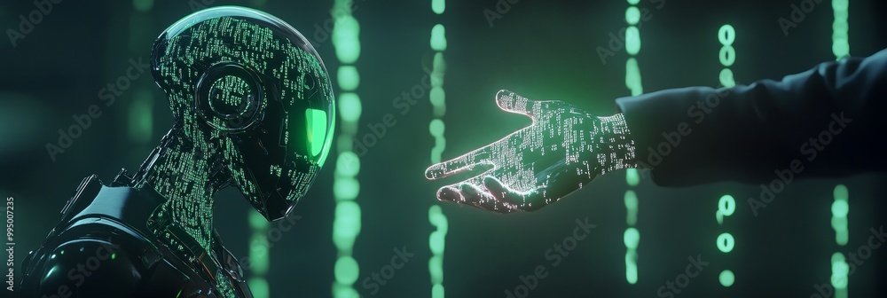 Poster a futuristic depiction of ai entities collaborating and sharing knowledge. the image symbolizes coll