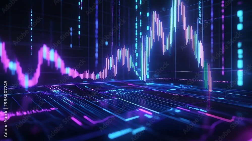 Poster abstract digital financial data visualization with colorful graphs and lines representing market flu