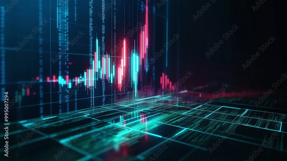 Poster abstract digital financial data visualization with colorful graphs on a dark background.