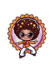 A cute anime character with a big afro, wearing a yellow shirt and white pants, dancing in a retro disco scene.