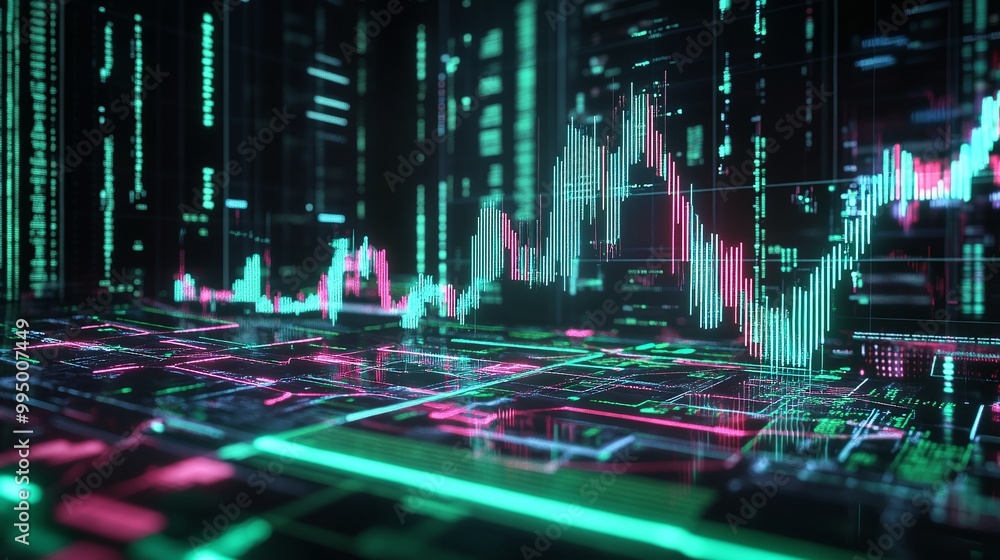 Poster abstract digital financial data visualization with glowing charts and graphs, vibrant colors represe