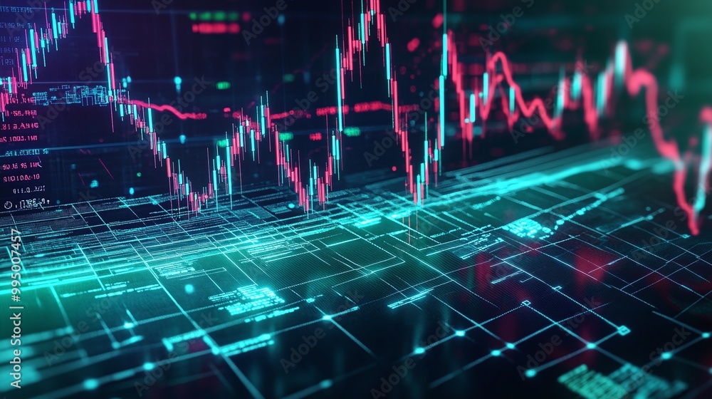 Poster abstract digital financial data visualization with dynamic stock market charts and graphs.