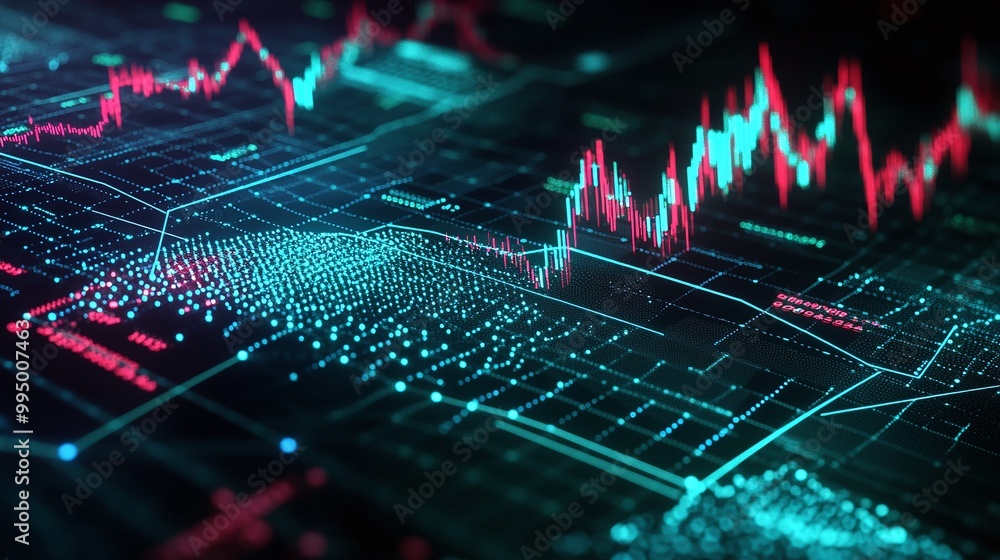 Poster abstract digital financial data visualization with glowing charts and graphs on a dark background.