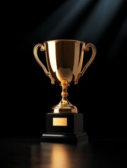 A gleaming golden trophy cup, illuminated by dramatic lighting, stands tall on a black pedestal. It symbolizes achievement, success, victory, recognition, and ambition.