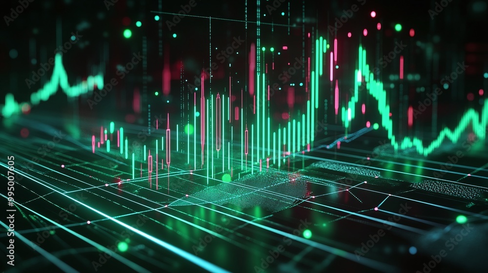 Aufkleber abstract digital financial data visualization with glowing graphs and charts in green and red tones.