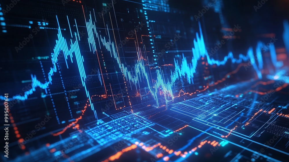 Poster abstract digital financial data visualization with glowing graphs and charts on a dark background.